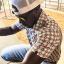 Lazy J Pearl Snap Polo - Blue & Red Diamond Print