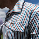 Lazy J Pearl Snap Polo - White/Red/Blue Stripe