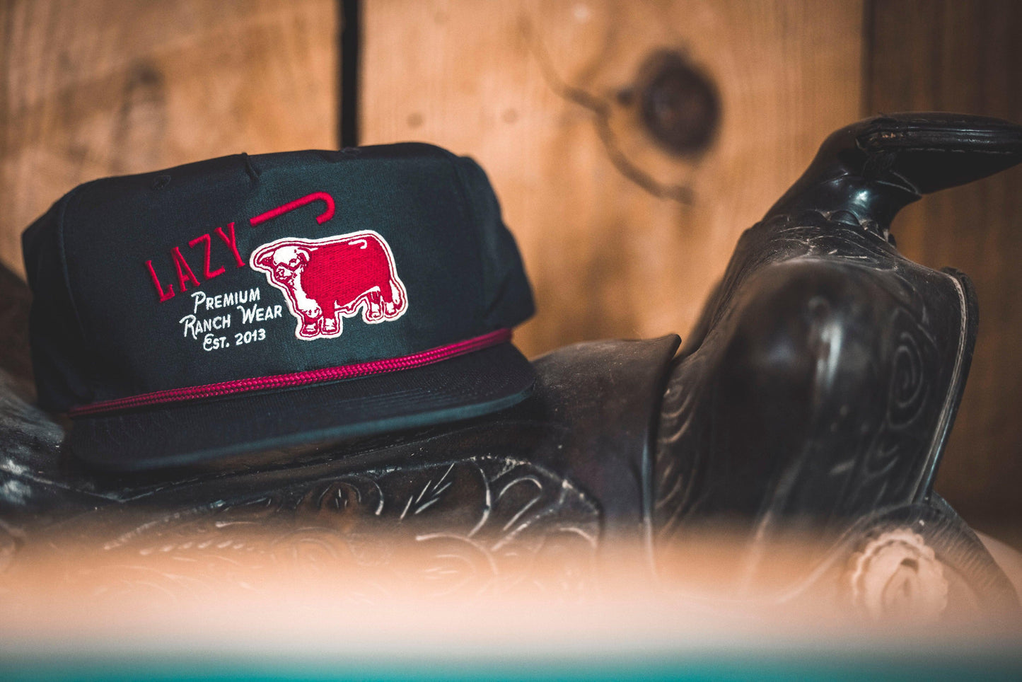 Lazy J Ranch Black Red Premium Ranch Rope Trucker Hat-