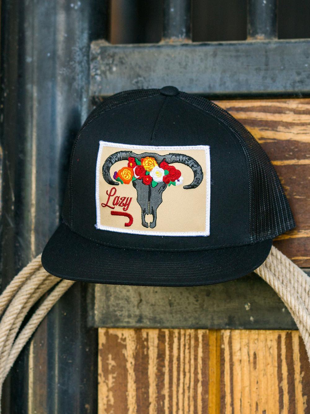 Lazy J Ranch Black Skull & Flowers Classic Five Panel Trucker Hat-
