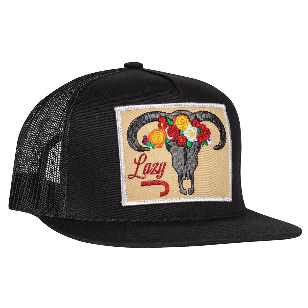 Lazy J Ranch Black Skull & Flowers Classic Five Panel Trucker Hat-Lazy J Ranch Wear