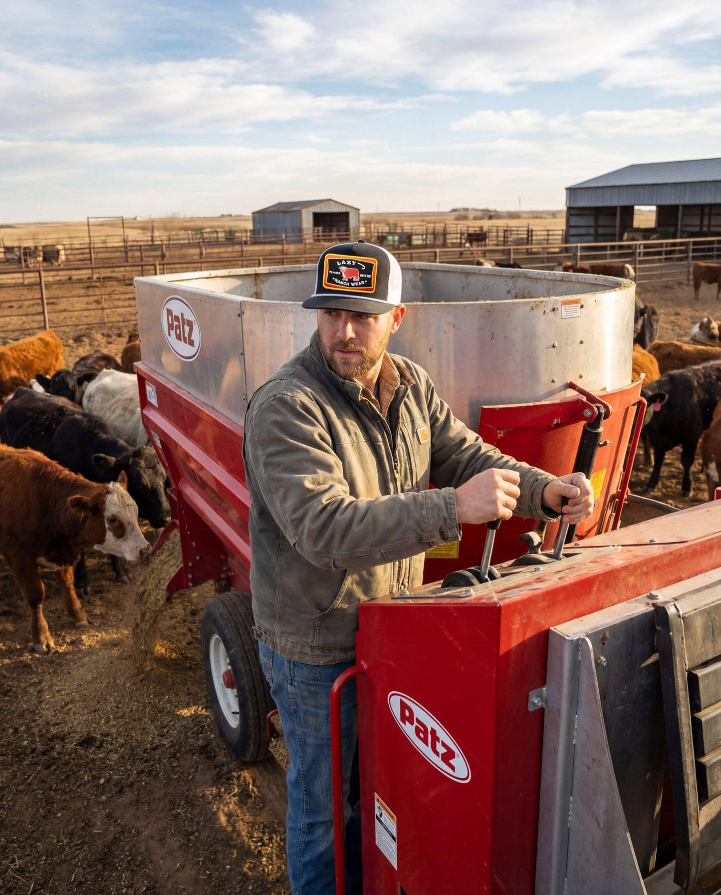 Lazy J Ranch Black & White Feed Wagon Classic Rope Trucker Hat-