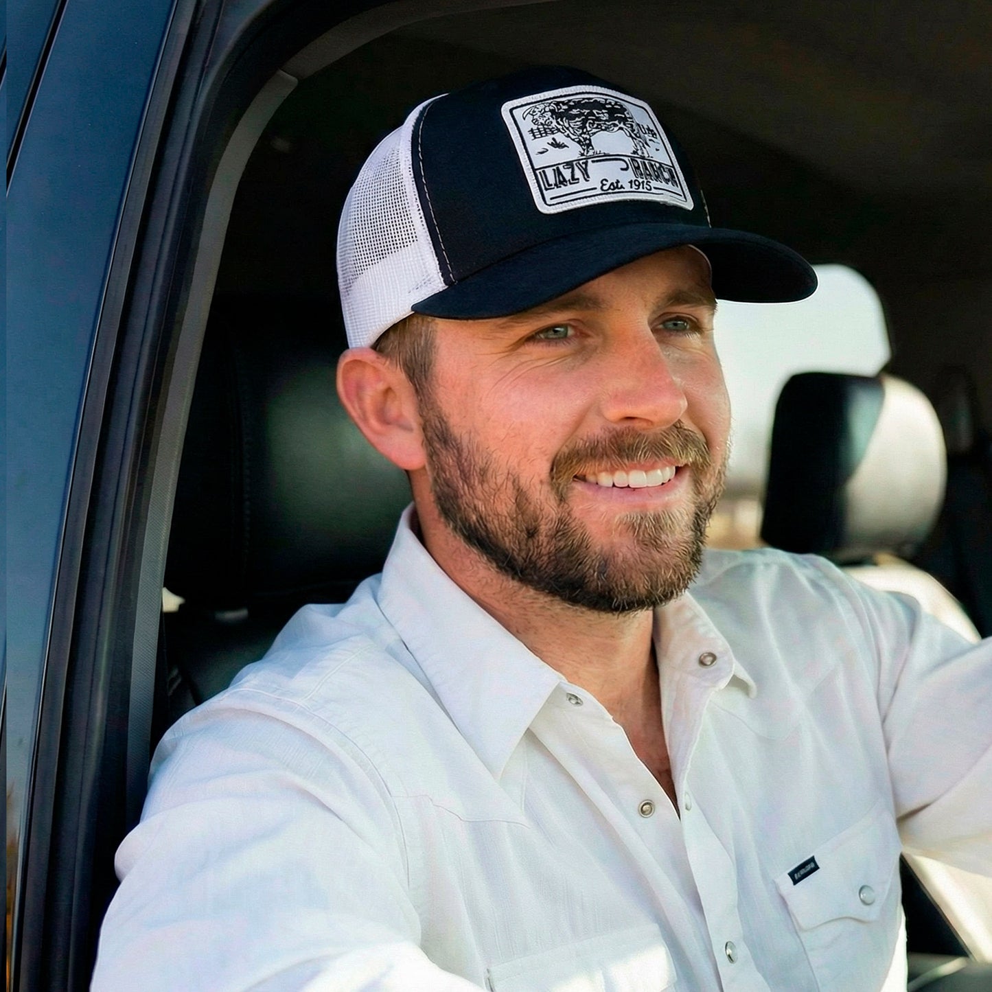 Lazy J Ranch Black & White Mid Profile Trucker Hat - Multiple Patches-