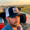 Lazy J Ranch Black & White Mid Profile Trucker Hat - Multiple Patches-