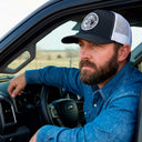 Lazy J Ranch Black & White Mid Profile Trucker Hat - Multiple Patches-