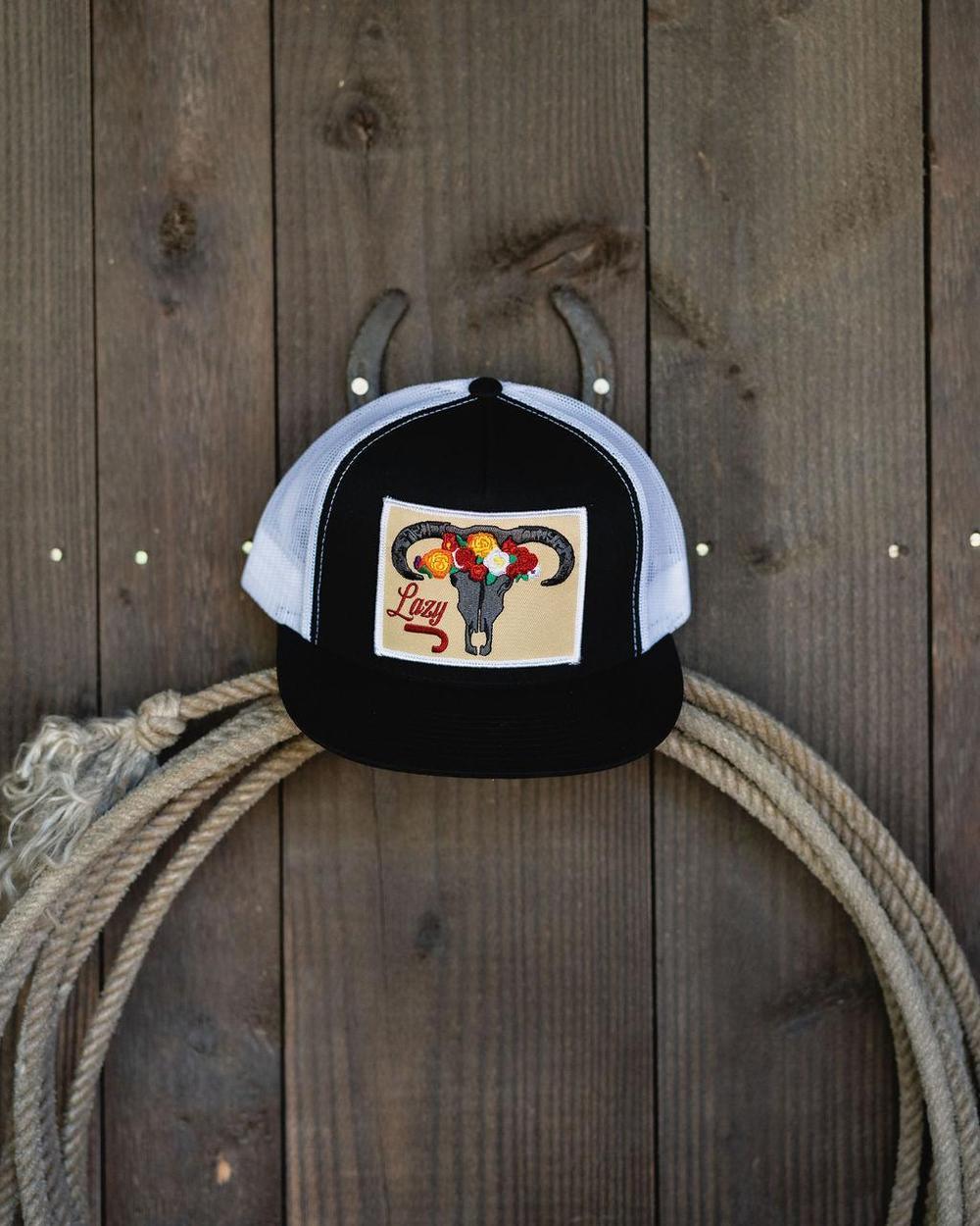 Lazy J Ranch Black & White Skull & Flowers Classic Five Panel Trucker Hat-