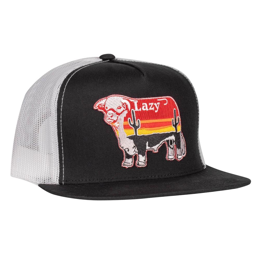 Lazy J Ranch Black & White Sunrise Bull Classic Five Panel Trucker Hat-Lazy J Ranch Wear