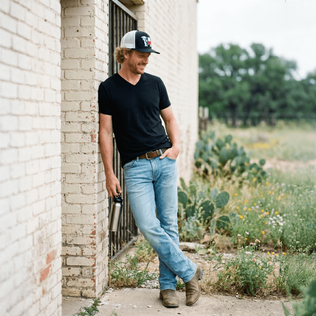 Lazy J Ranch Black & White Texas Bull Classic Five Panel Trucker Hat-