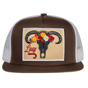 Lazy J Ranch Brown & White Skull & Flowers Classic Five Panel Trucker Hat-