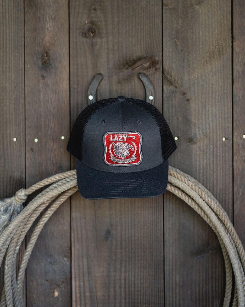 Lazy J Ranch Charcoal Grey Red America's Best Brand Classic Five Panel Trucker Hat-