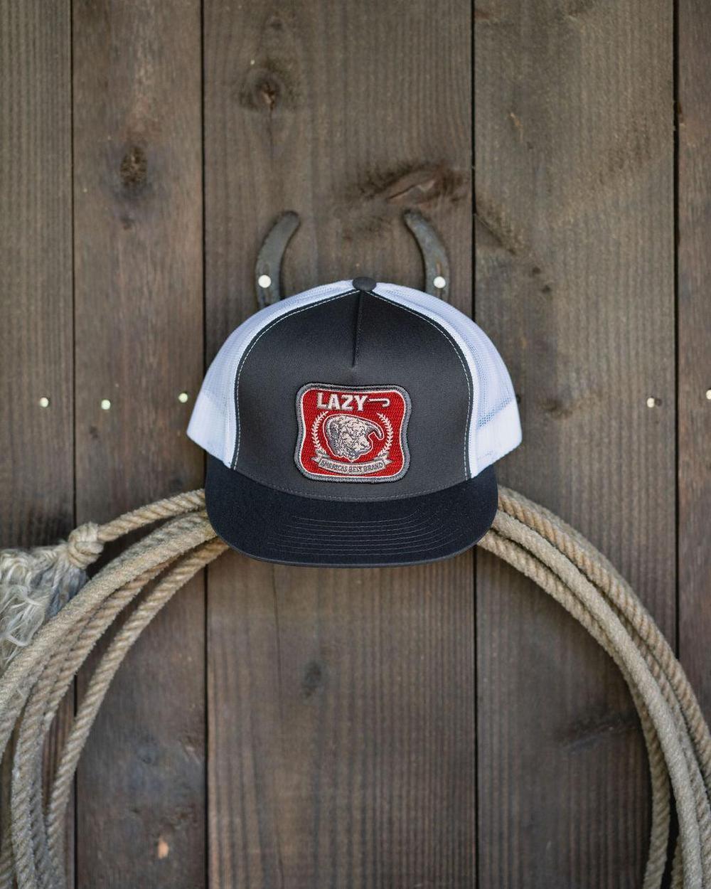 Lazy J Ranch Charcoal Grey & White Red America's Best Brand Classic Five Panel Trucker Hat-