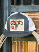 Lazy J Ranch Charcoal Grey & White Skull & Flowers Classic Five Panel Trucker Hat-