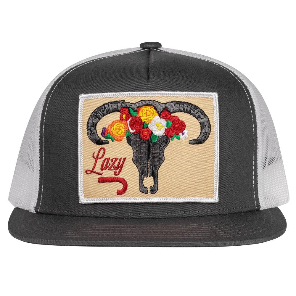 Lazy J Ranch Charcoal Grey & White Skull & Flowers Classic Five Panel Trucker Hat-Lazy J Ranch Wear