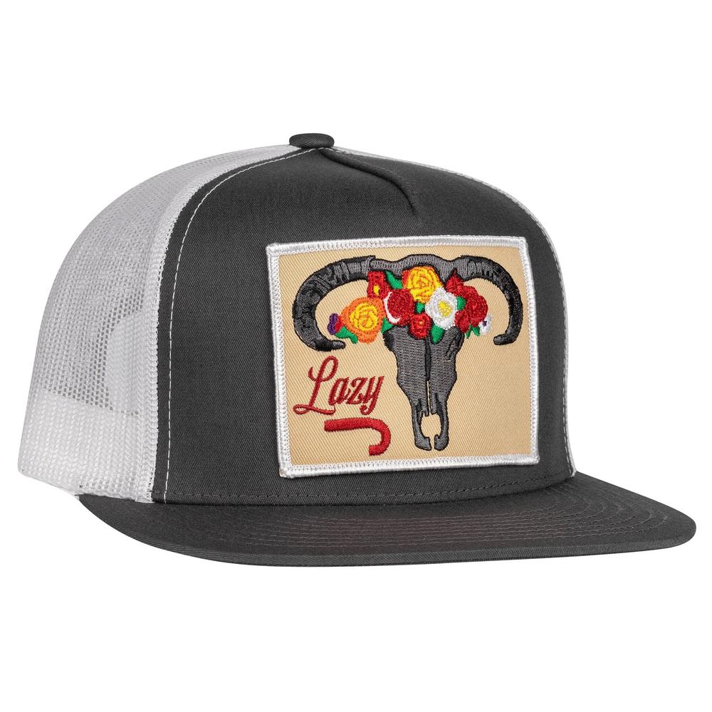 Lazy J Ranch Charcoal Grey & White Skull & Flowers Classic Five Panel Trucker Hat-Lazy J Ranch Wear
