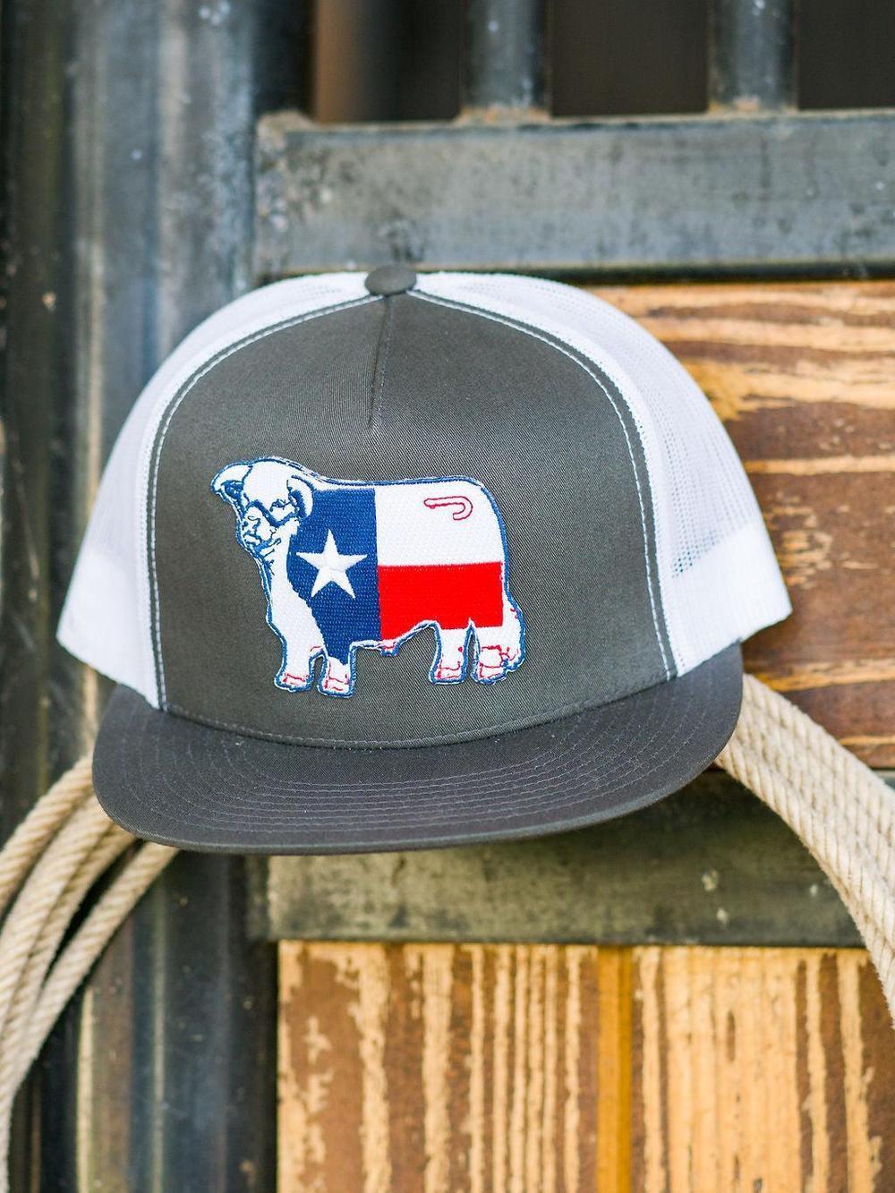 Lazy J Ranch Charcoal Grey & White Texas Flag Bull Classic Five Panel Trucker Hat-