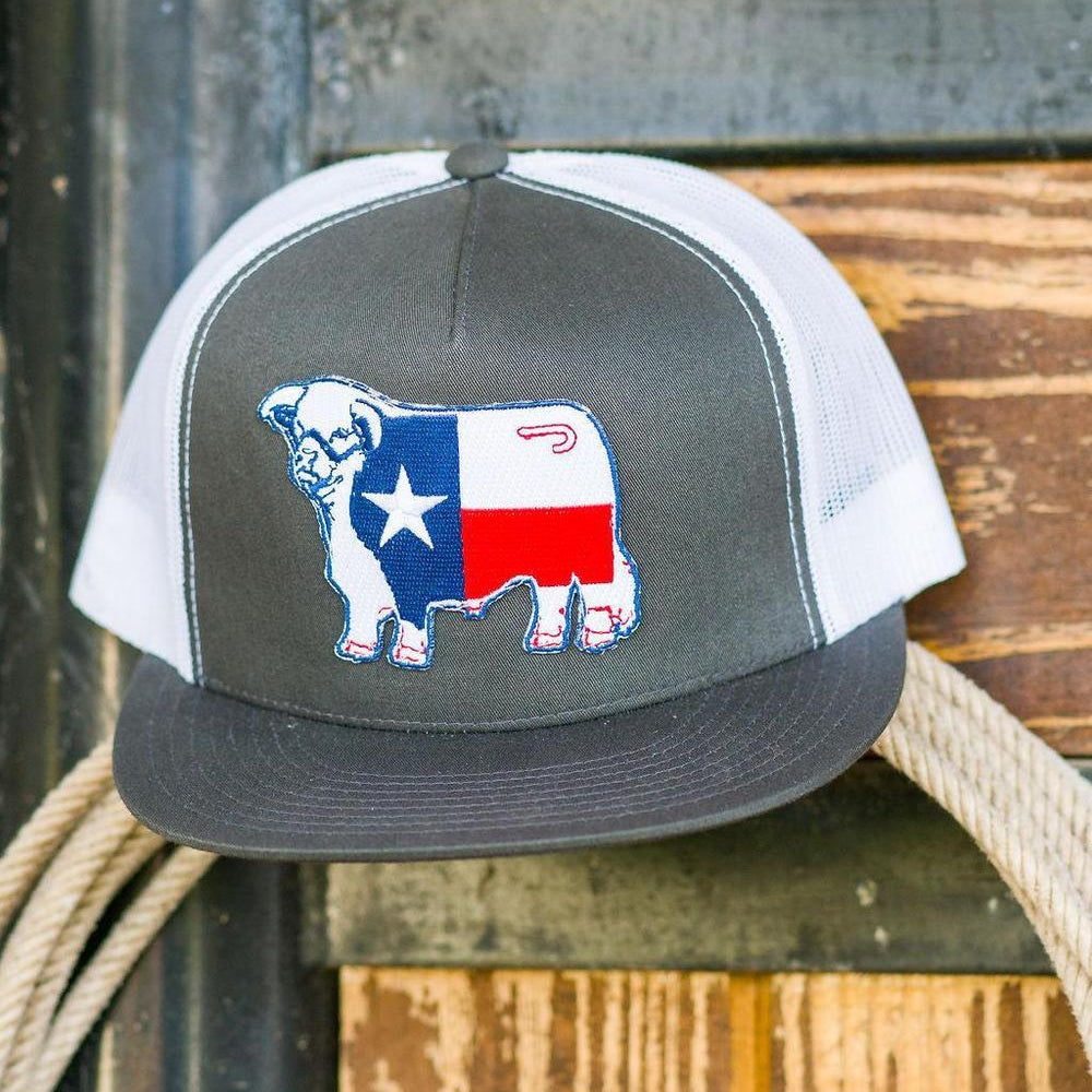
                  
                    Lazy J Ranch Charcoal Grey & White Texas Flag Bull Classic Five Panel Trucker Hat-Lazy J Ranch Wear
                  
                