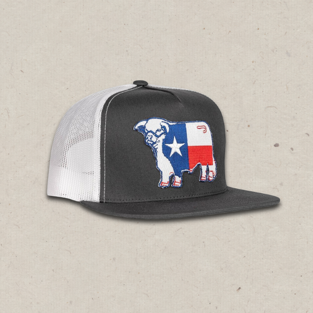 Lazy J Ranch Charcoal Grey & White Texas Flag Bull Classic Five Panel Trucker Hat-