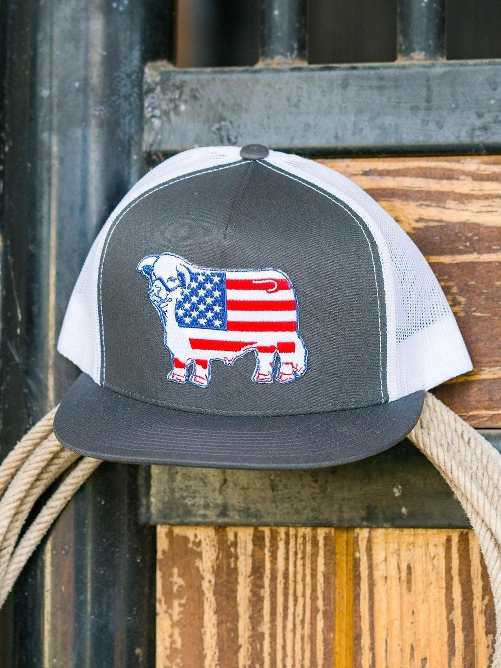 Lazy J Ranch Charcoal Grey & White USA American Flag Bull Classic Five Panel Trucker Hat-