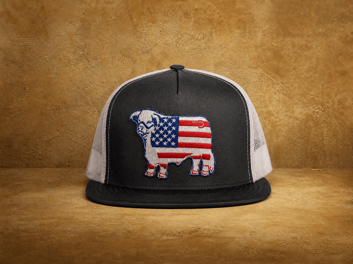 Lazy J Ranch Charcoal Grey & White USA American Flag Bull Classic Five Panel Trucker Hat-