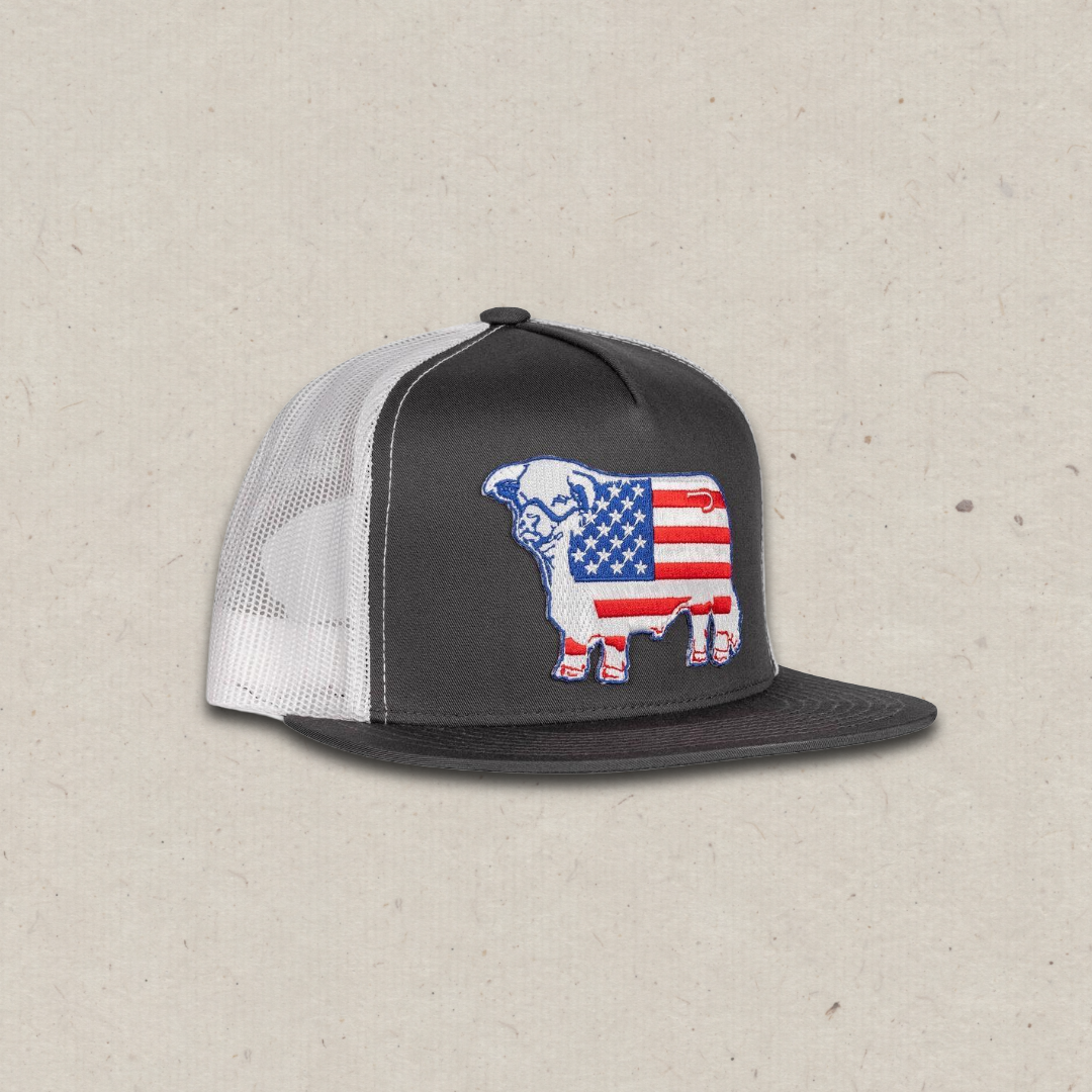 Lazy J Ranch Charcoal Grey & White USA American Flag Bull Classic Five Panel Trucker Hat-