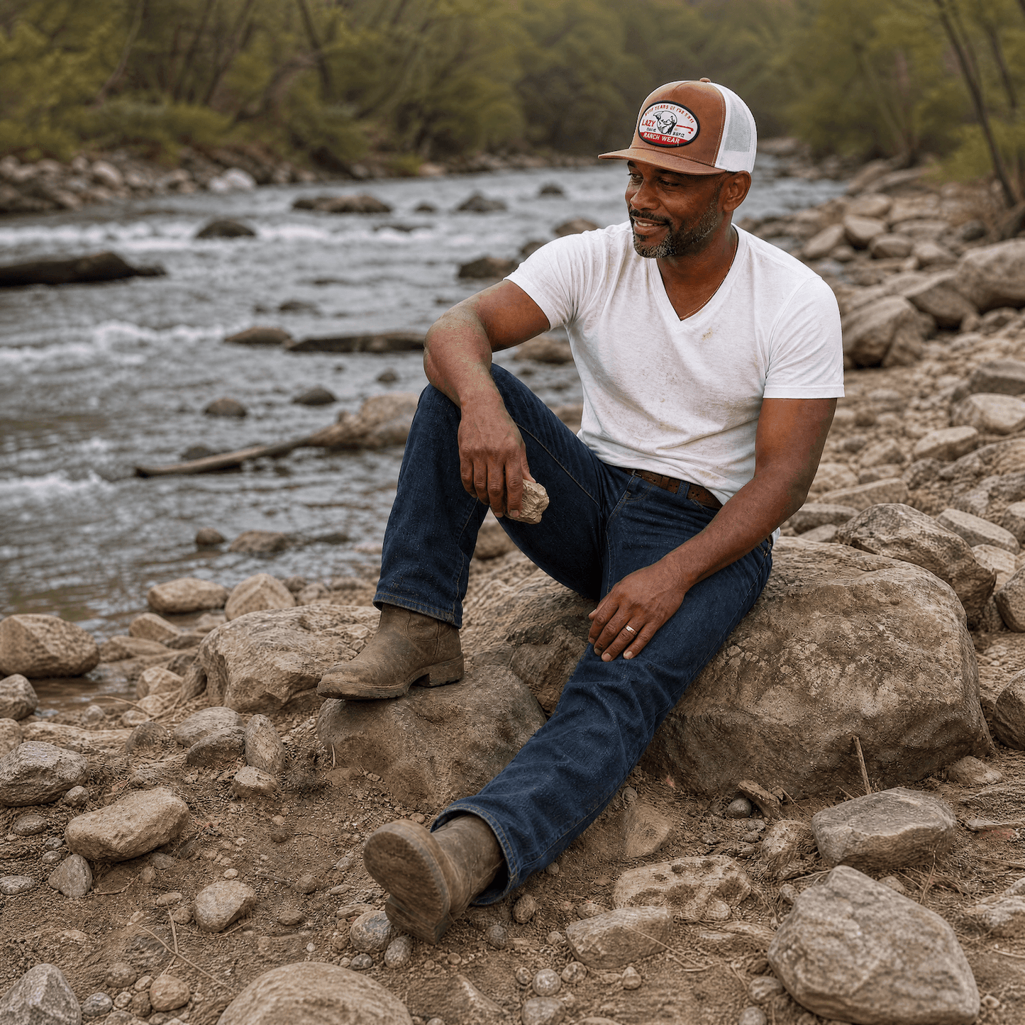 Lazy J Ranch Coyote Brown & White 1776 Classic Rope Trucker Hat-