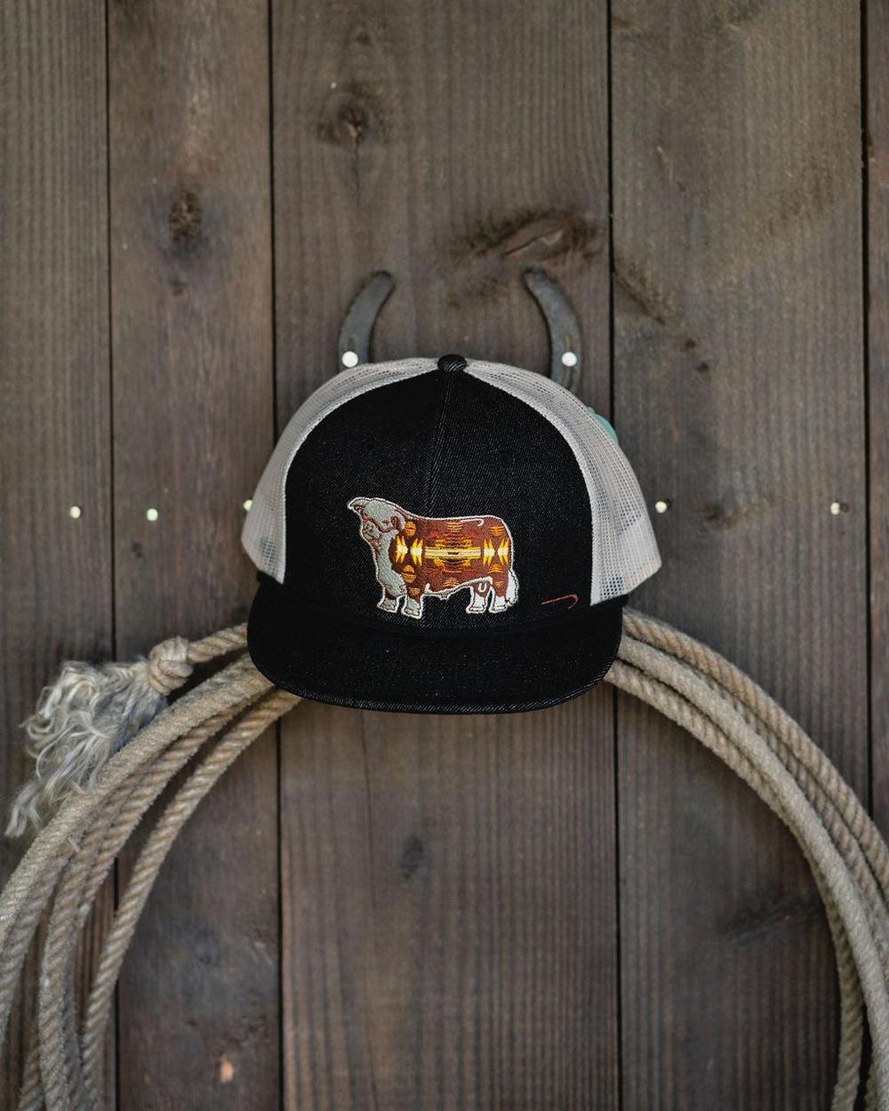 Lazy J Ranch Denim & White Apache Hereford Bull Classic Rope Trucker Hat-