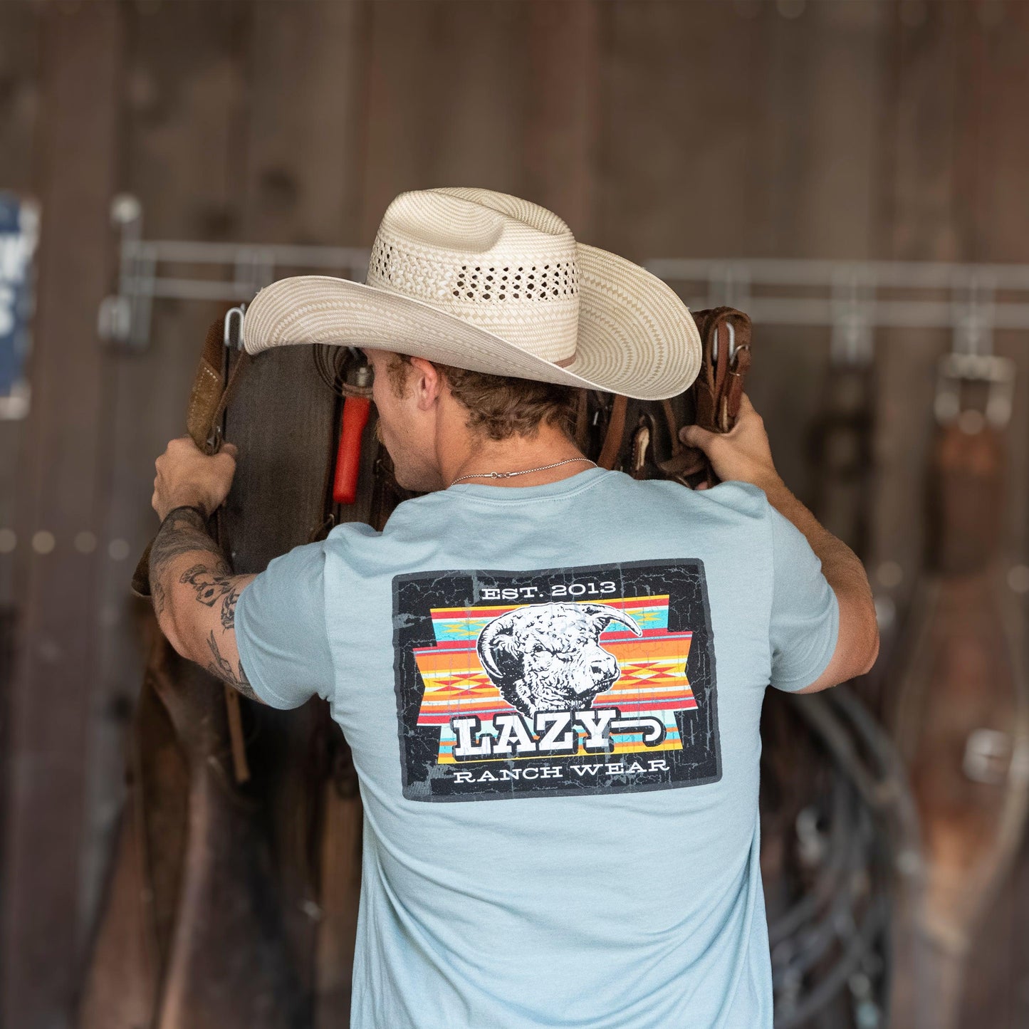 Lazy J Ranch Feed Yard Short Sleeve T-Shirt - Sage Blue-