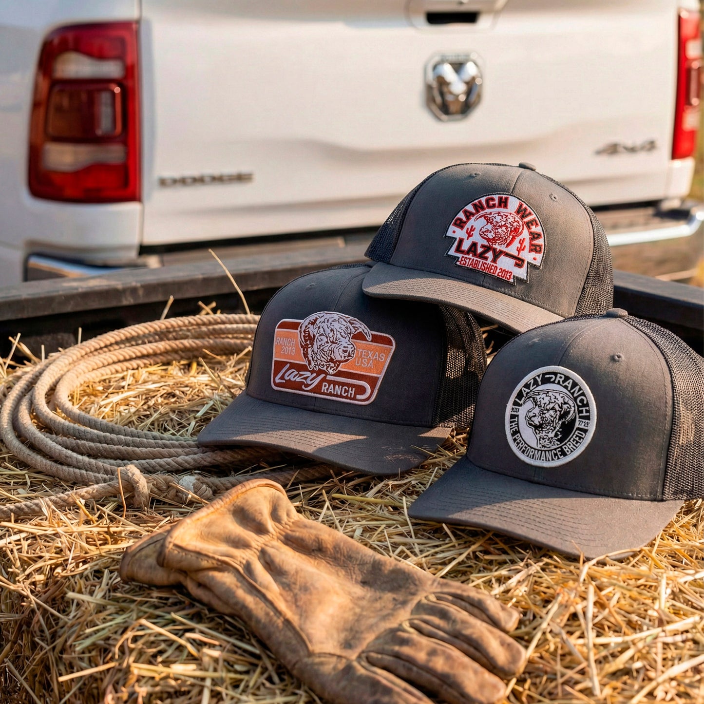 Lazy J Ranch Grey Mid Profile Trucker Hat - Multiple Patches-