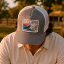 Lazy J Ranch Heather Grey & White Sunset Retro Classic Five Panel Trucker Hat-