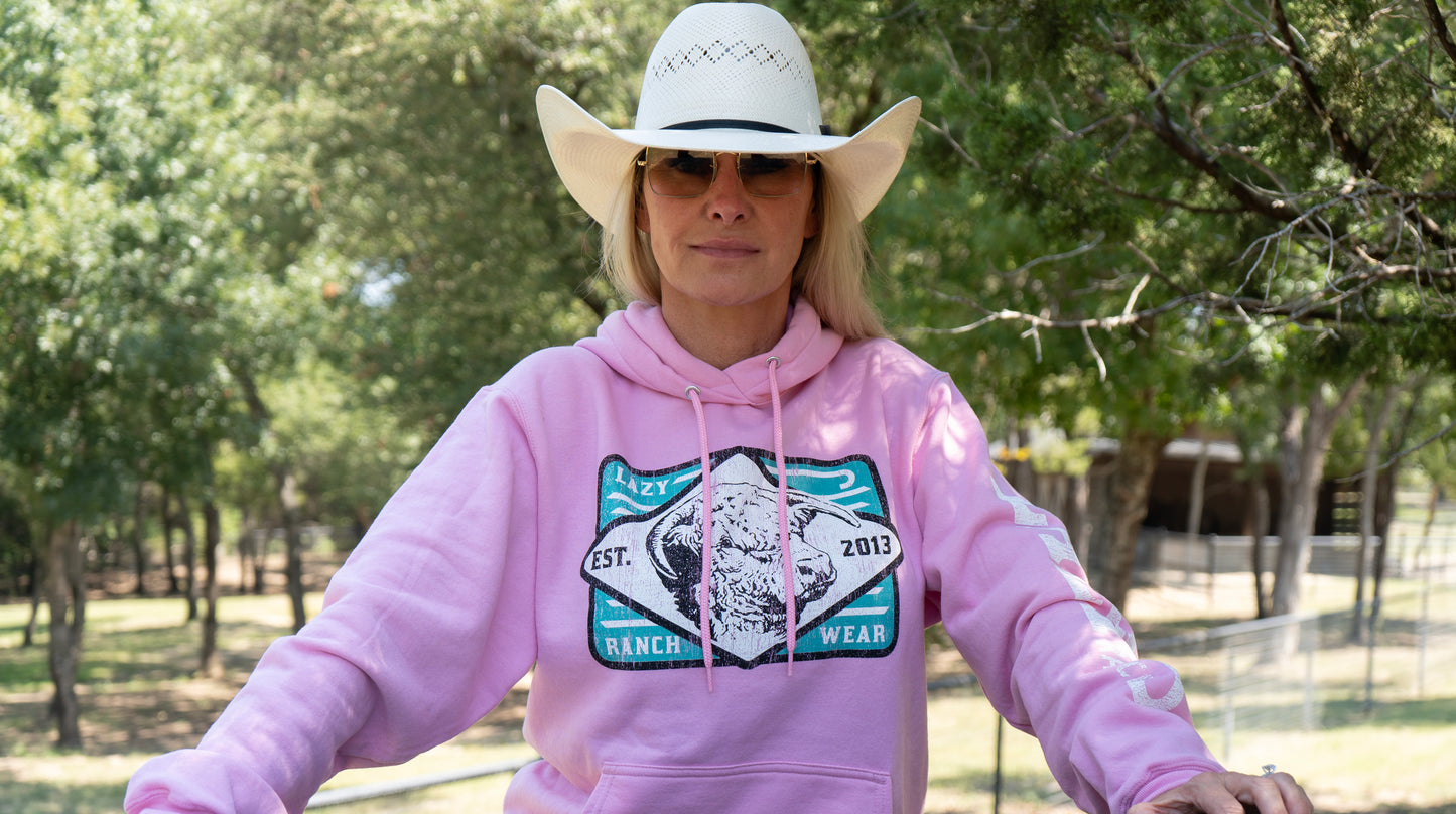 Lazy J Ranch Iron Horn Long Sleeve Hoodie - Pink-Lazy J Ranch Wear