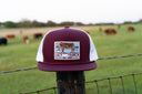 Lazy J Ranch Maroon & White Blue Bull Trap Classic Rope Trucker Hat-