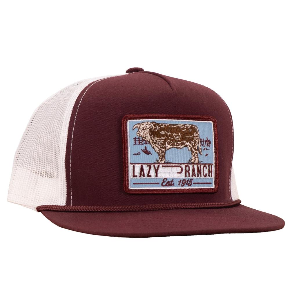 Lazy J Ranch Maroon & White Blue Bull Trap Patch Classic Five Panel Trucker Hat-Lazy J Ranch Wear