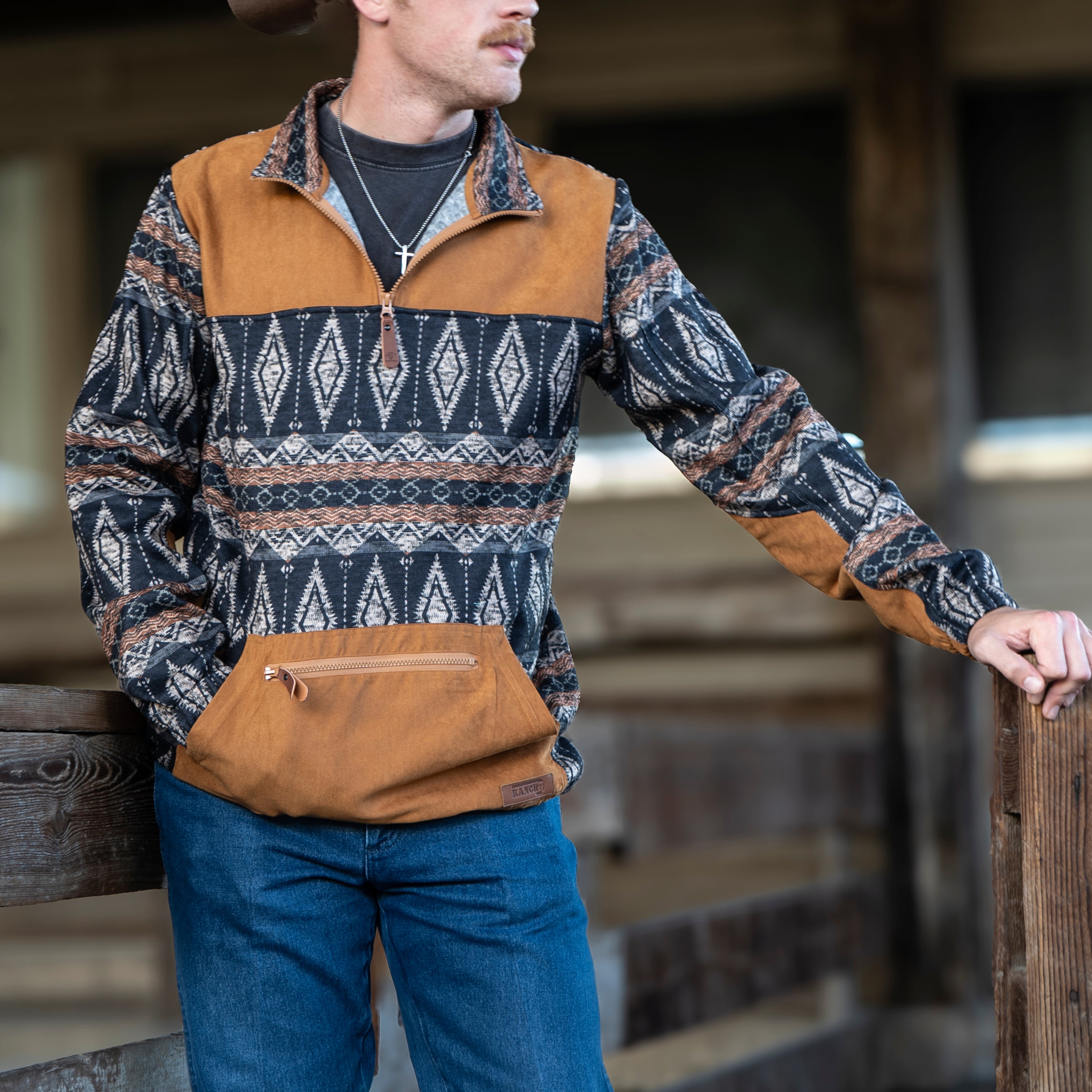 アメカジ Lazy J Ranch Men's Aztec Blocked Quarter Zip Knit Pullover - Black