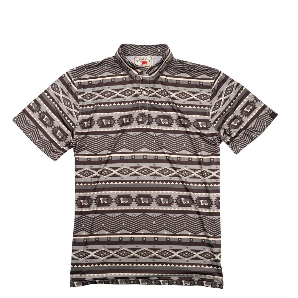 Lazy J Ranch Men's Aztec Print Performance Polo Shirt - Grey-Polo-Lazy J Ranch Wear