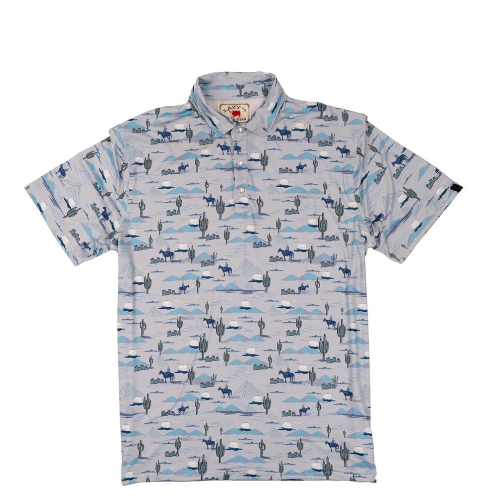 Lazy J Ranch Men's Cactus Print Performance Polo Shirt - Grey-Polo-Lazy J Ranch Wear