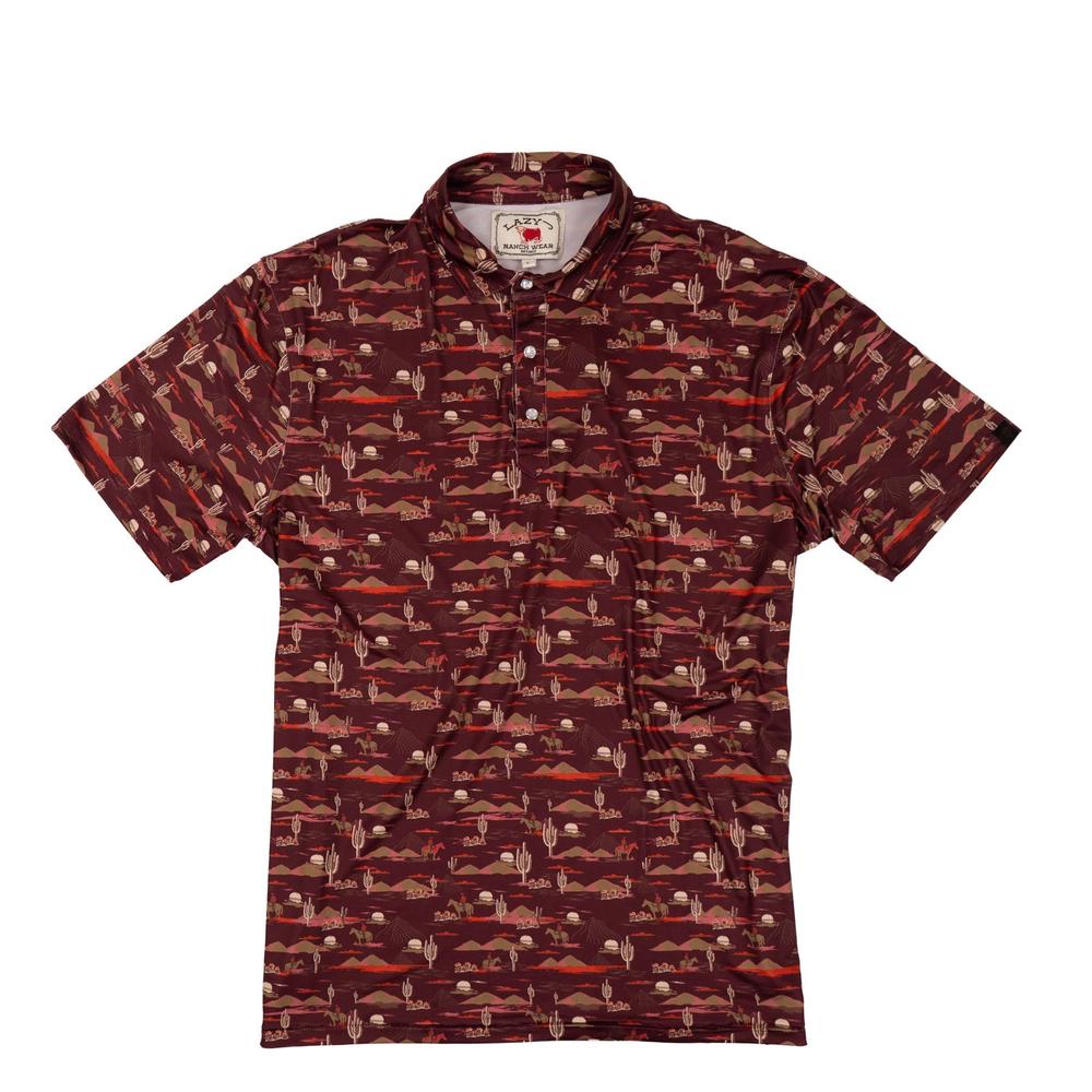 Lazy J Ranch Men's Cactus Print Performance Polo Shirt - Maroon-Polo-Lazy J Ranch Wear