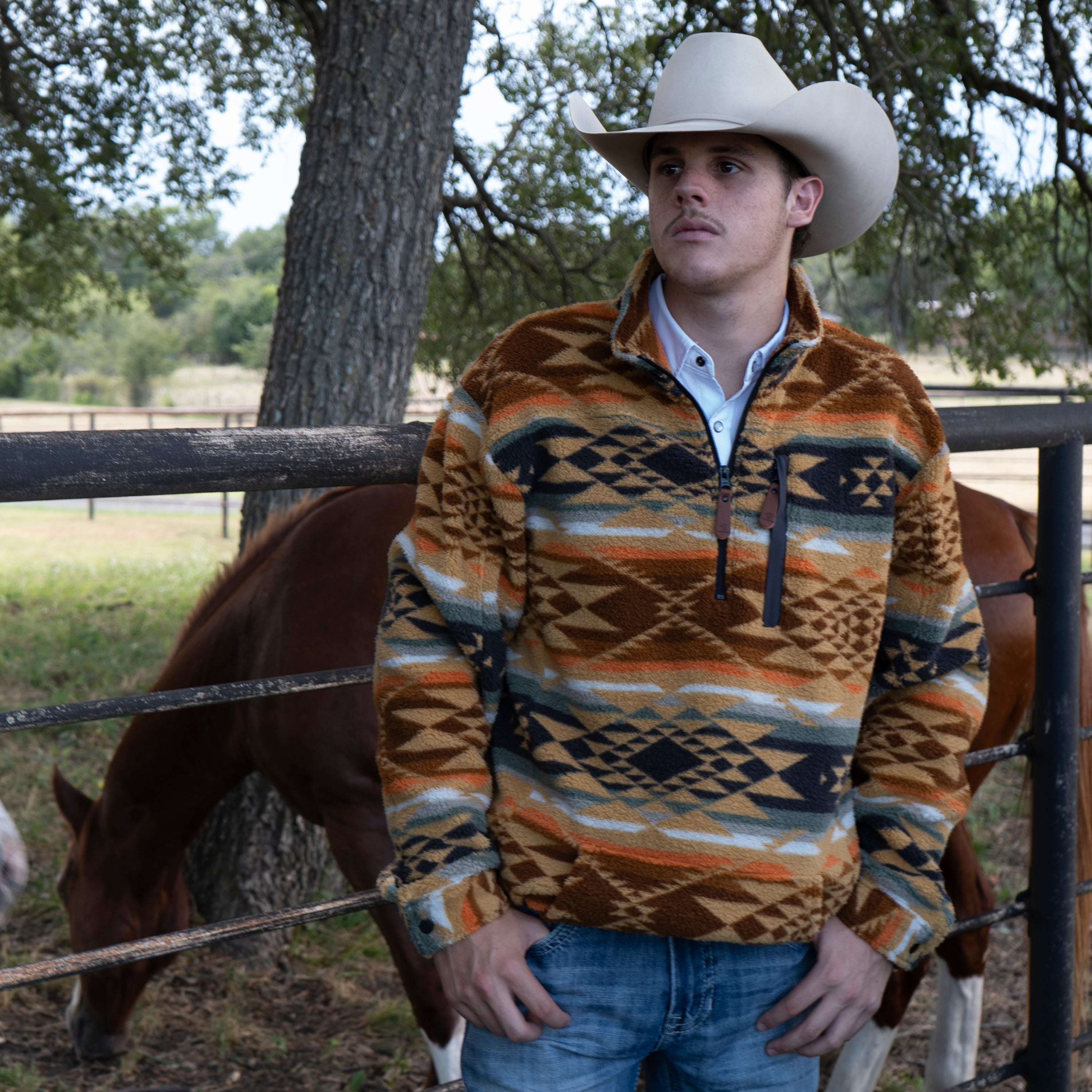 Lazy J Ranch Men's Mustard Aztec Print Quarter Zip Fleece Pullover