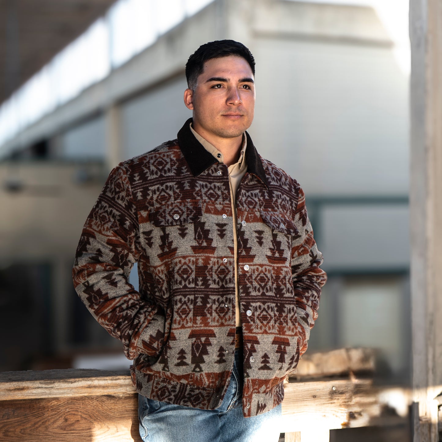 Lazy J Ranch Men's Navajo Print Trucker Jacket - Rust-Lazy J Ranch Wear