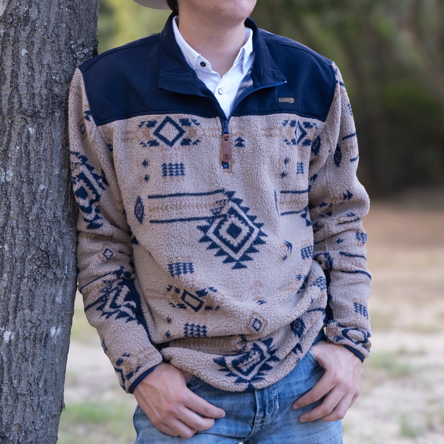 Lazy J Ranch Men's Southwestern Print Quarter Zip Fleece Pullover - Tan-Lazy J Ranch Wear