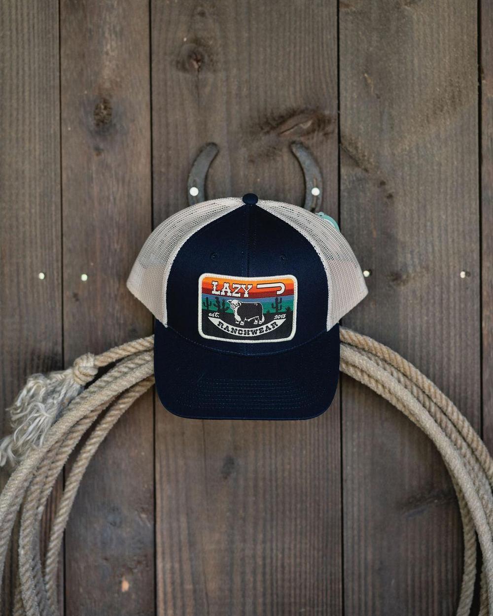 Lazy J Ranch Navy & Tan Serape Sunrise Mid Profile Trucker Hat-
