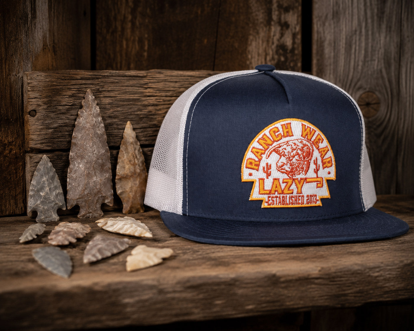 Lazy J Ranch Navy & White Rusty Arrowhead Classic Five Panel Trucker Hat-