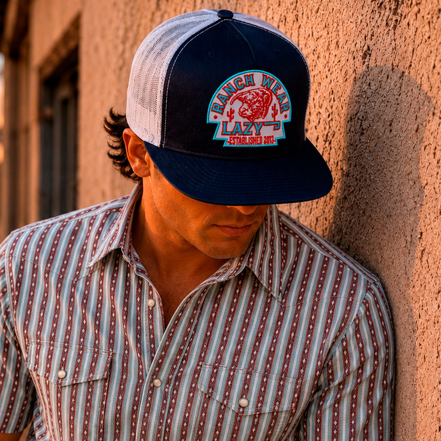 Lazy J Ranch Navy & White Turquoise Arrowhead Classic Five Panel Trucker Hat-