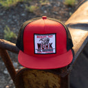 Lazy J Ranch Red & Black Because They Work Classic Five Panel Trucker Hat-