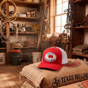 Lazy J Ranch Red & White Mid Profile Trucker Hat - Multiple Patches-