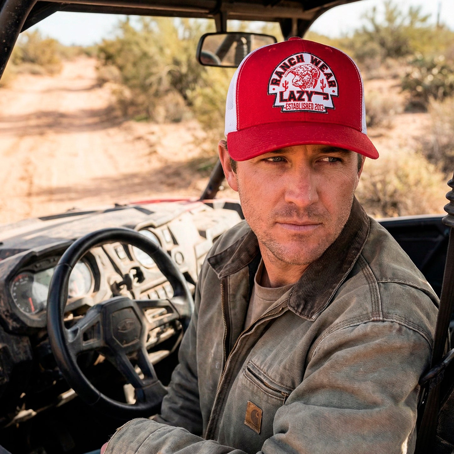 Lazy J Ranch Red & White Mid Profile Trucker Hat - Multiple Patches-