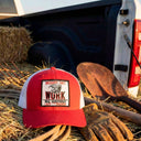 Lazy J Ranch Red & White Mid Profile Trucker Hat - Multiple Patches-