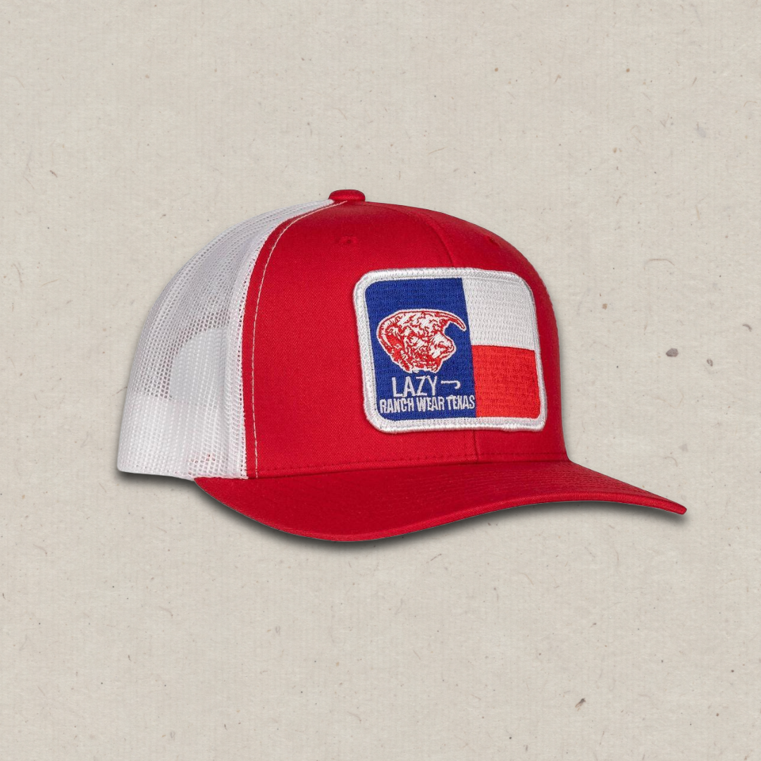 Lazy J Ranch Red & White Texas Elevation Mid Profile Trucker Hat-