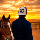 Lazy J Ranch Silver Grey & Black Sunset Retro Classic Five Panel Trucker Hat-