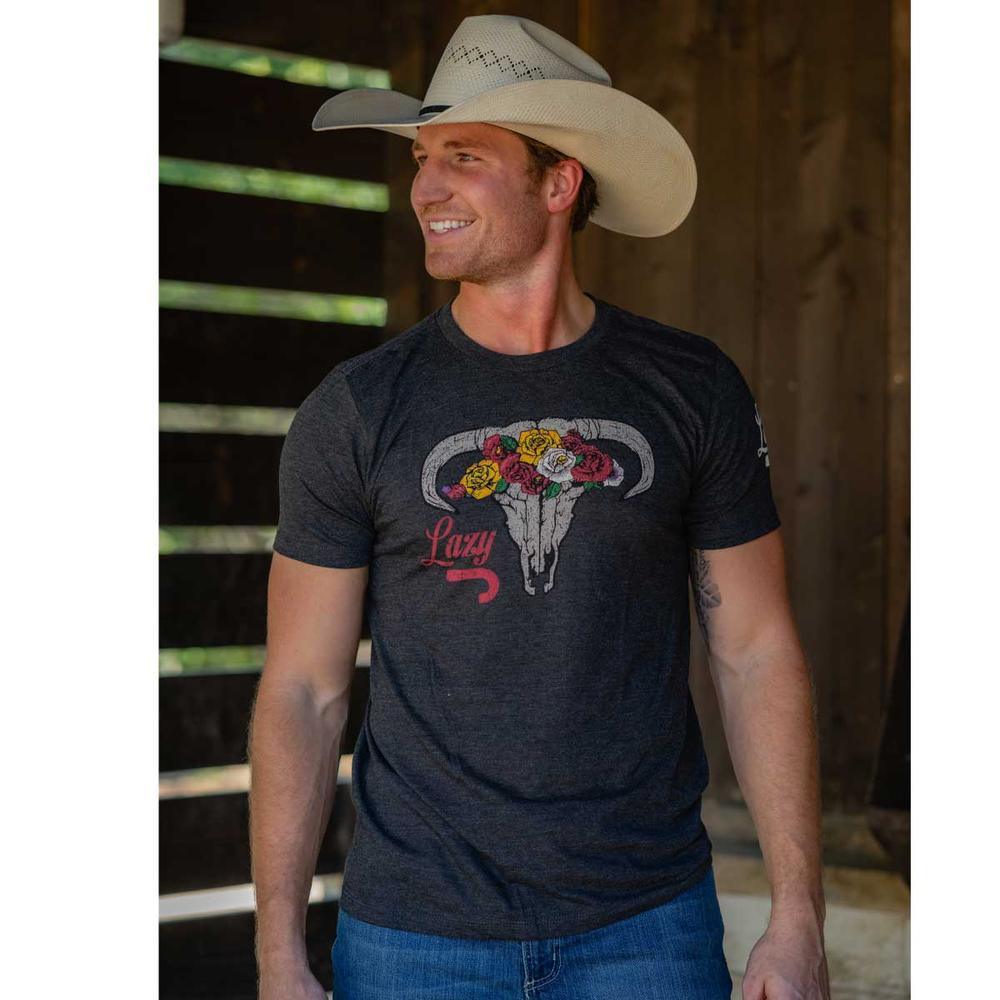 Lazy J Ranch Skull & Flowers Short Sleeve T-Shirt - Grey-