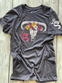 Lazy J Ranch Skull & Flowers Short Sleeve T-Shirt - Grey-